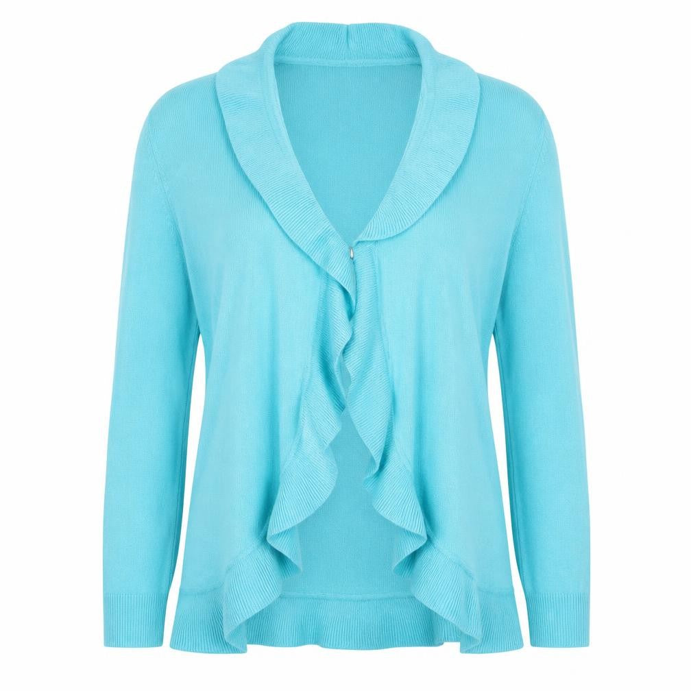 Front view of Sarah Hamilton women’s blue cardigan jumper, size 2XL