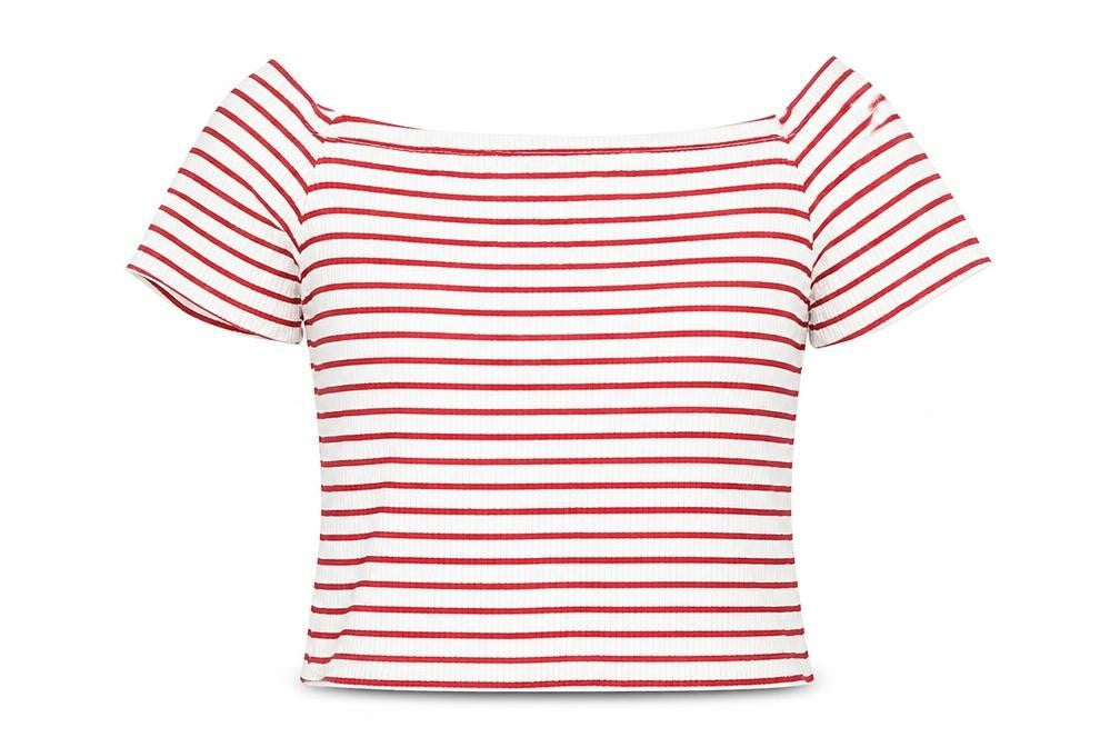 Front view of H&M women’s white striped cropped t-shirt, size M