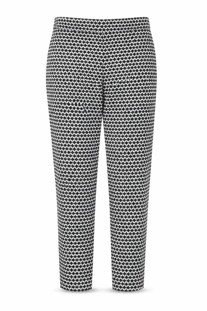 Front view of H&M women’s black geometric trousers, size UK 10, 30-inch leg