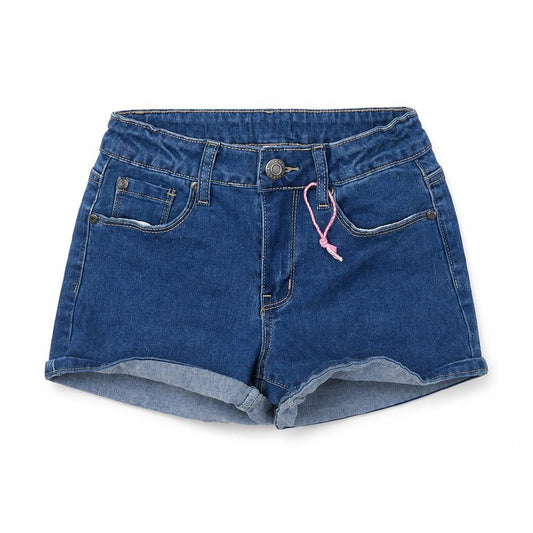 Front view of Preworn girls’ blue denim cut-off shorts, size 9, years