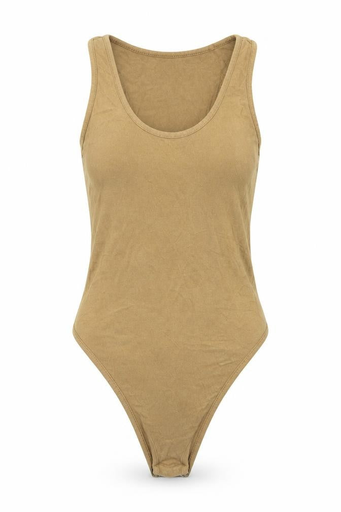 Front view of PRETTYLITTLETHING women’s brown bodysuit one-piece, size UK 10