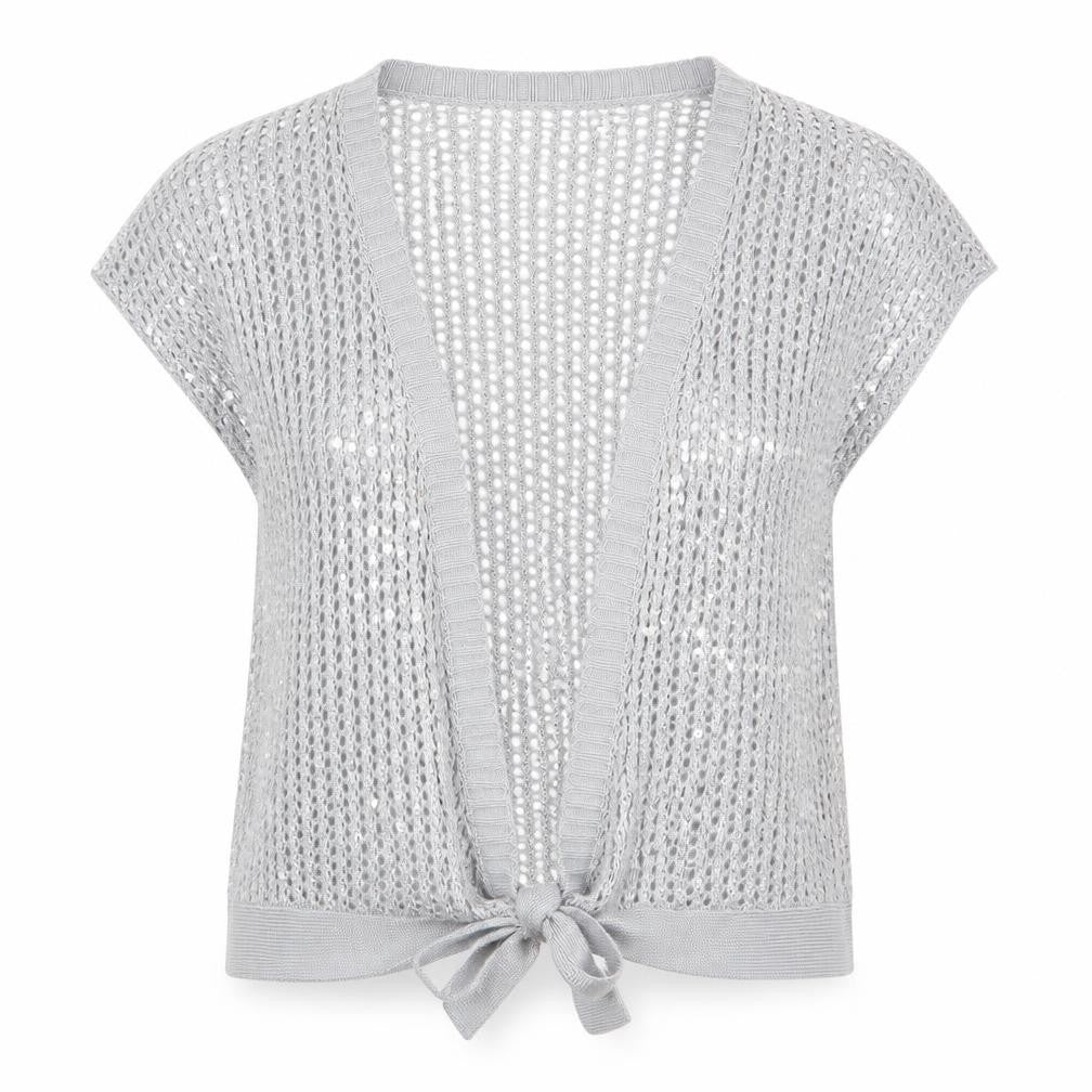 Front view of Select women’s grey cardigan jumper, size UK 16, - waistcoat style