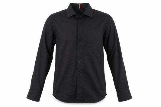 Front view of Trait men’s black polka dot button-up, size M