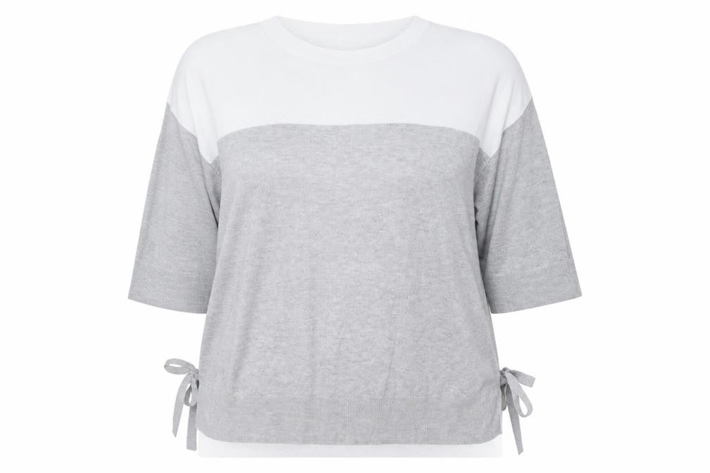 Front view of Dorothy Perkins women’s grey striped jumper, size UK 20