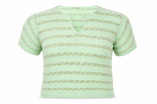 Front view of Delamare women’s green striped jumper, size UK 12