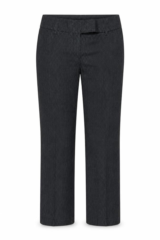 Front view of ORSAY women’s black striped trousers, size UK 8, 24-inch leg