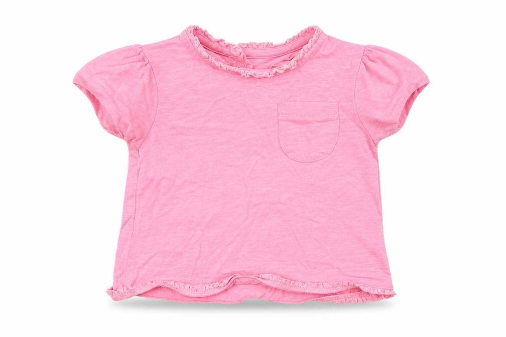 Front view of Mini Club girls’ pink basic t-shirt, size 6-9, months