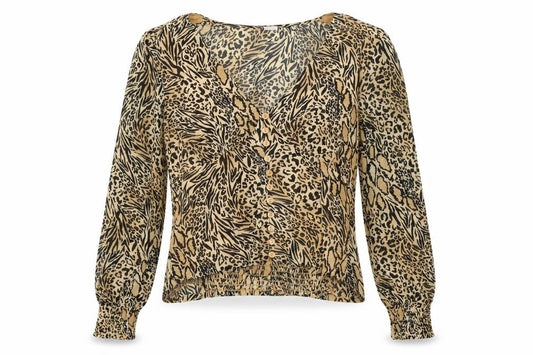 Front view of H&M women’s brown animal print basic button-up, size UK 10
