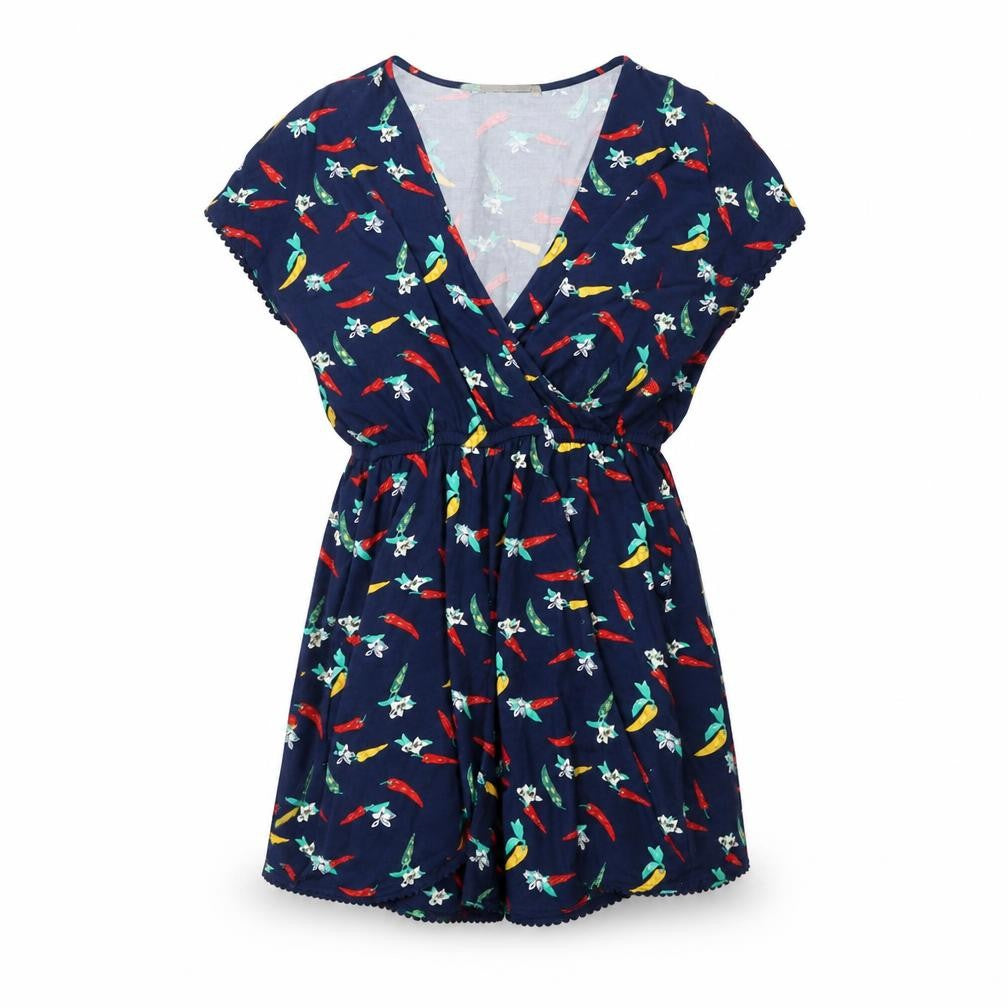 Front view of F&F women’s blue playsuit one-piece, size UK 8, - chilli pattern