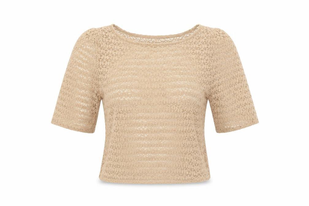Front view of American Apparel women’s beige basic t-shirt, size S, - open knit