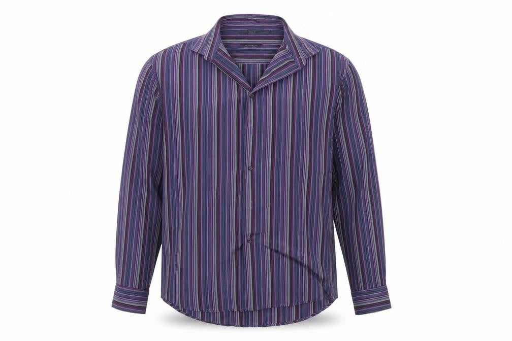 Front view of Next men’s blue striped button-up, size L