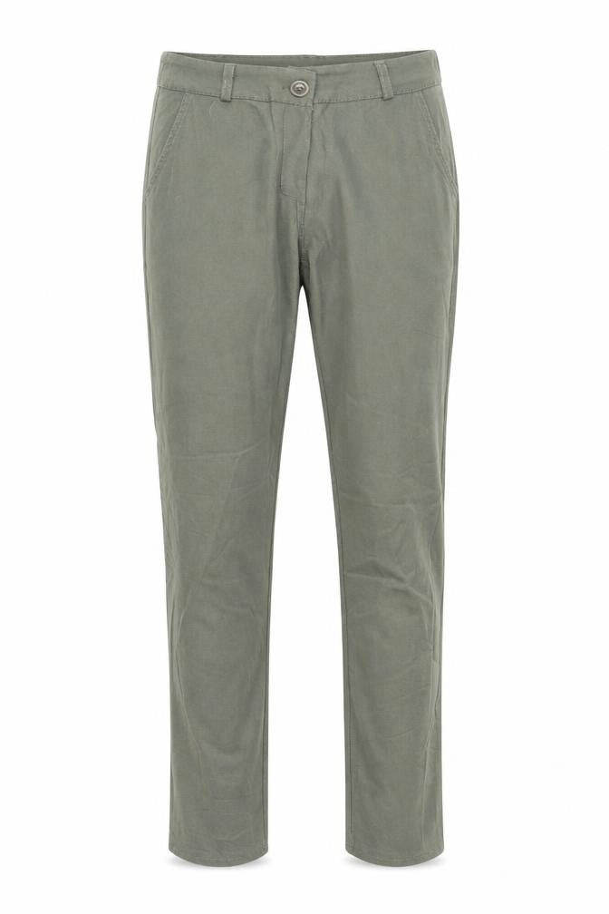 Front view of Preworn women’s beige trousers, size S, 24-inch leg