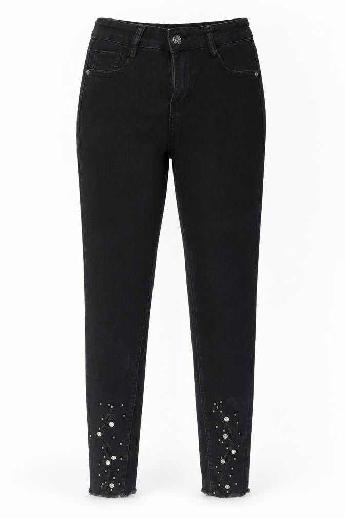 Front view of women’s black straight jeans, size UK 10, 26-inch leg