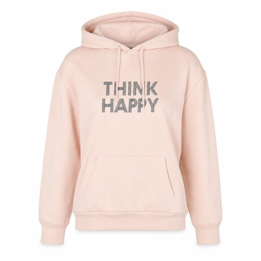 Front view of Primark women’s pink pullover hoodie, size XS, - think happy