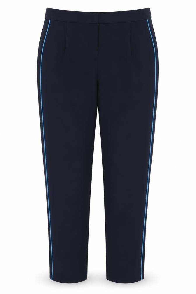 Front view of Topshop women’s blue trousers, size UK 14, 26.5-inch leg