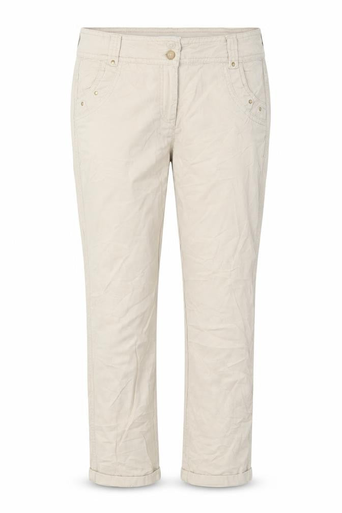 Front view of Promod women’s beige trousers, size UK 27, in, 23-inch leg