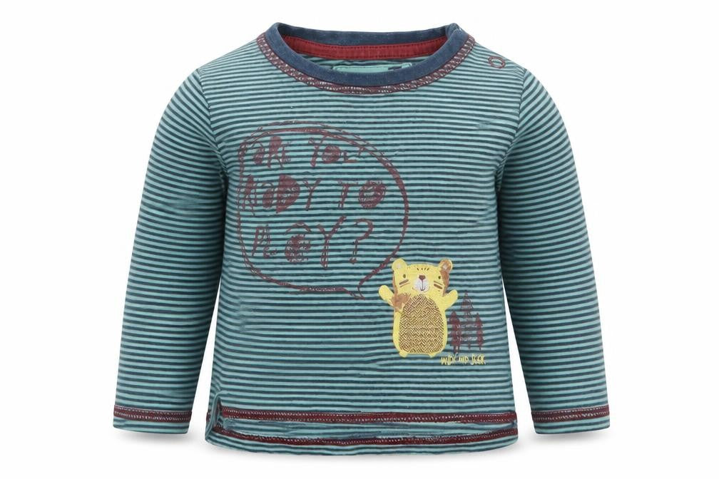 Front view of Tu boys’ green striped basic t-shirt, size 6-9, months