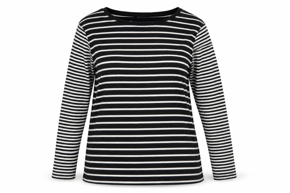 Front view of Debenhams women’s black striped pullover sweatshirt, size UK 16