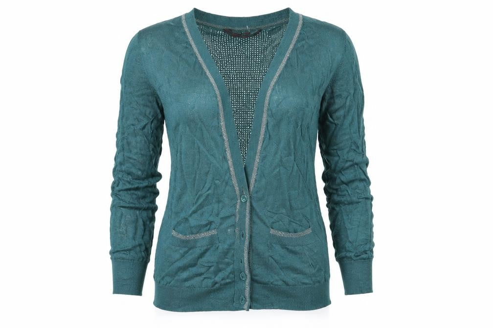 Front view of Miss Selfridge women’s green cardigan jumper, size UK 12