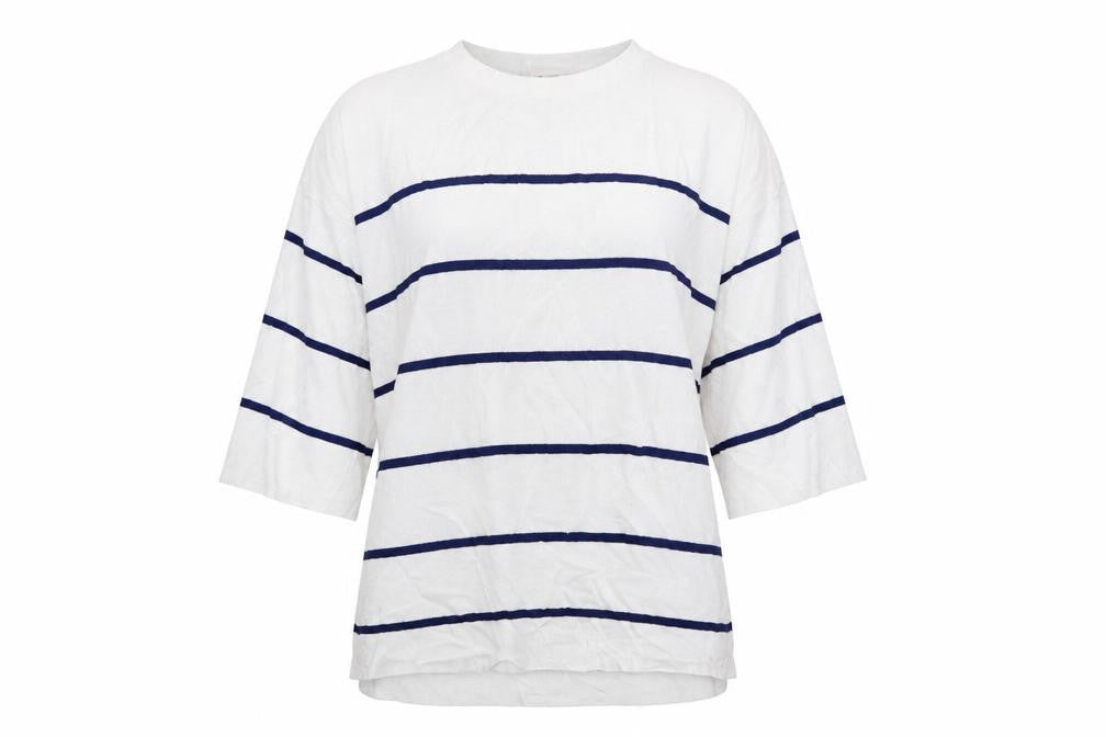 Front view of Tu women’s white striped pullover sweatshirt, size UK 10