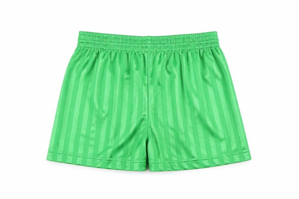 Front view of Maddins boys’ green striped sweat shorts, size 8-9, years