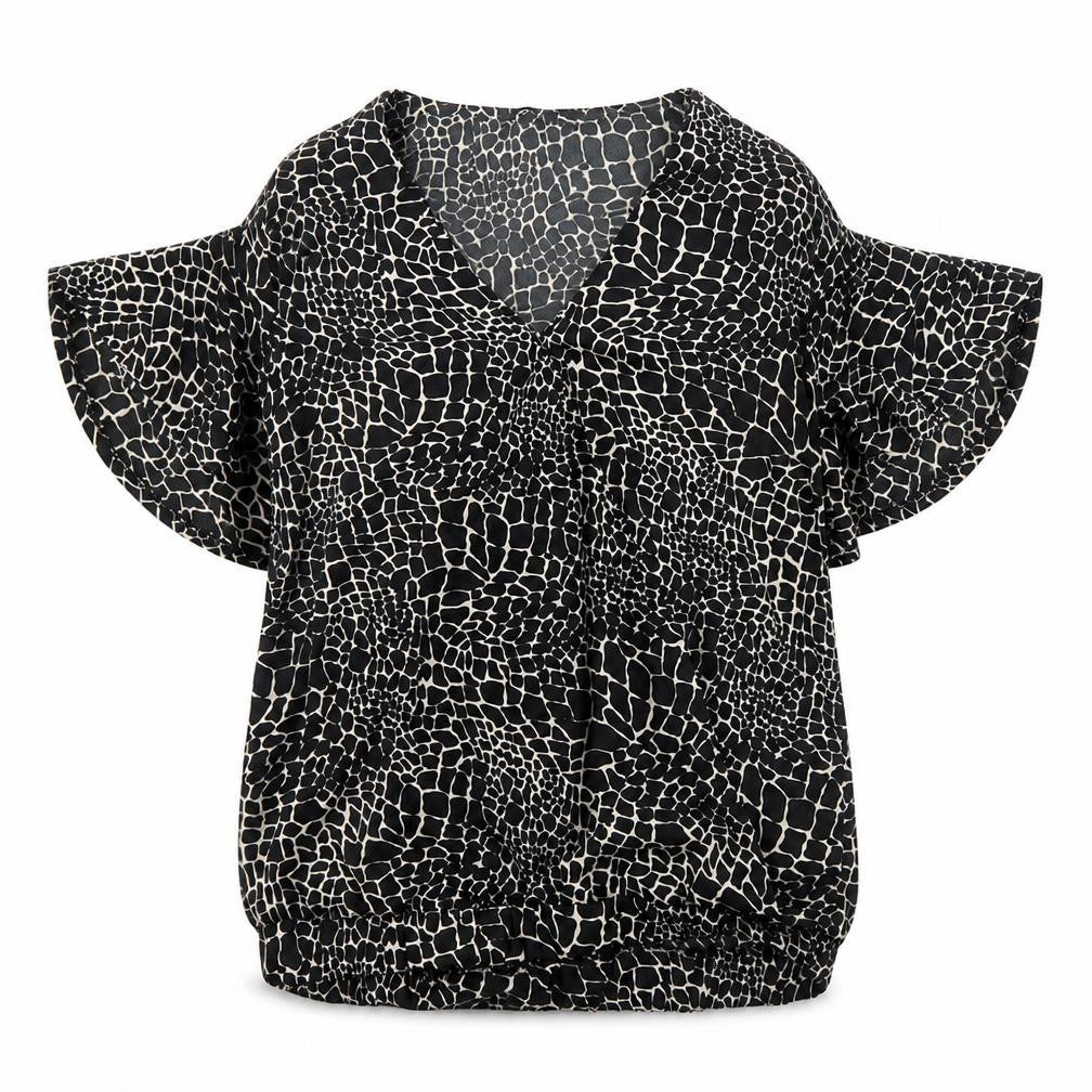 Front view of Capsule women’s black animal print basic blouse, size UK 12, - giraffe print