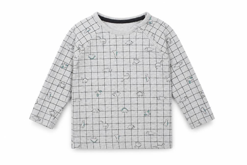 Front view of George boys’ grey check basic t-shirt, size 12-18, months - dinosaur
