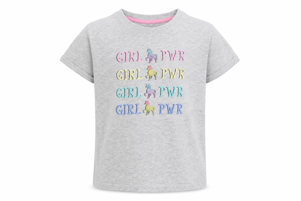 Front view of Matalan girls’ grey basic t-shirt, size 6, years - girl power