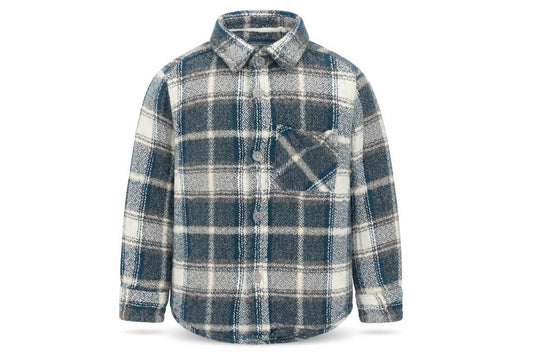 Front view of Tu boys’ blue plaid basic button-up, size 3, years