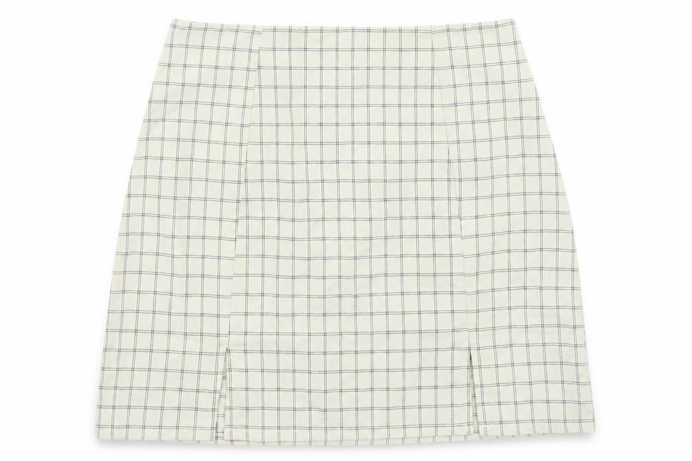 Front view of Nasty Gal women’s beige check a-line skirt, size UK 8