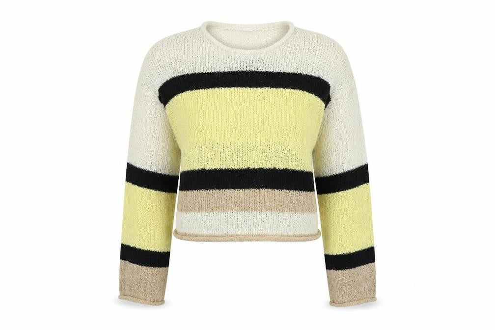 Front view of H&M women’s beige striped jumper, size S