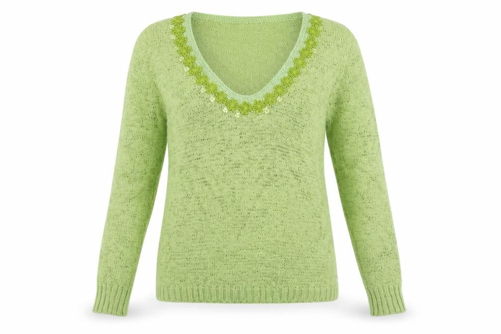 Front view of Tweeds women’s green jumper, size M