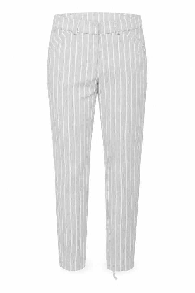 Front view of Preworn women’s grey striped trousers, size S, 27-inch leg
