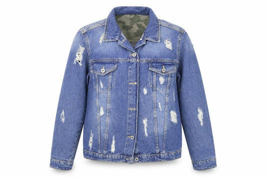 Front view of GUARARAPES women’s blue jacket coat, size M, - distressed