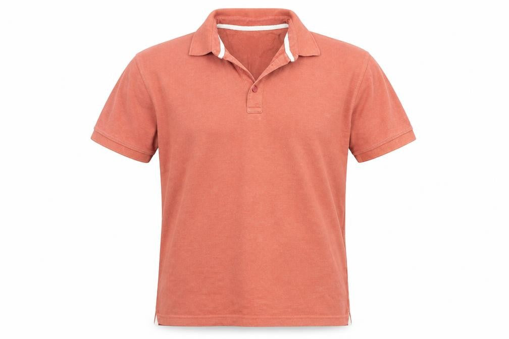 Front view of Easy men’s orange polo, size L