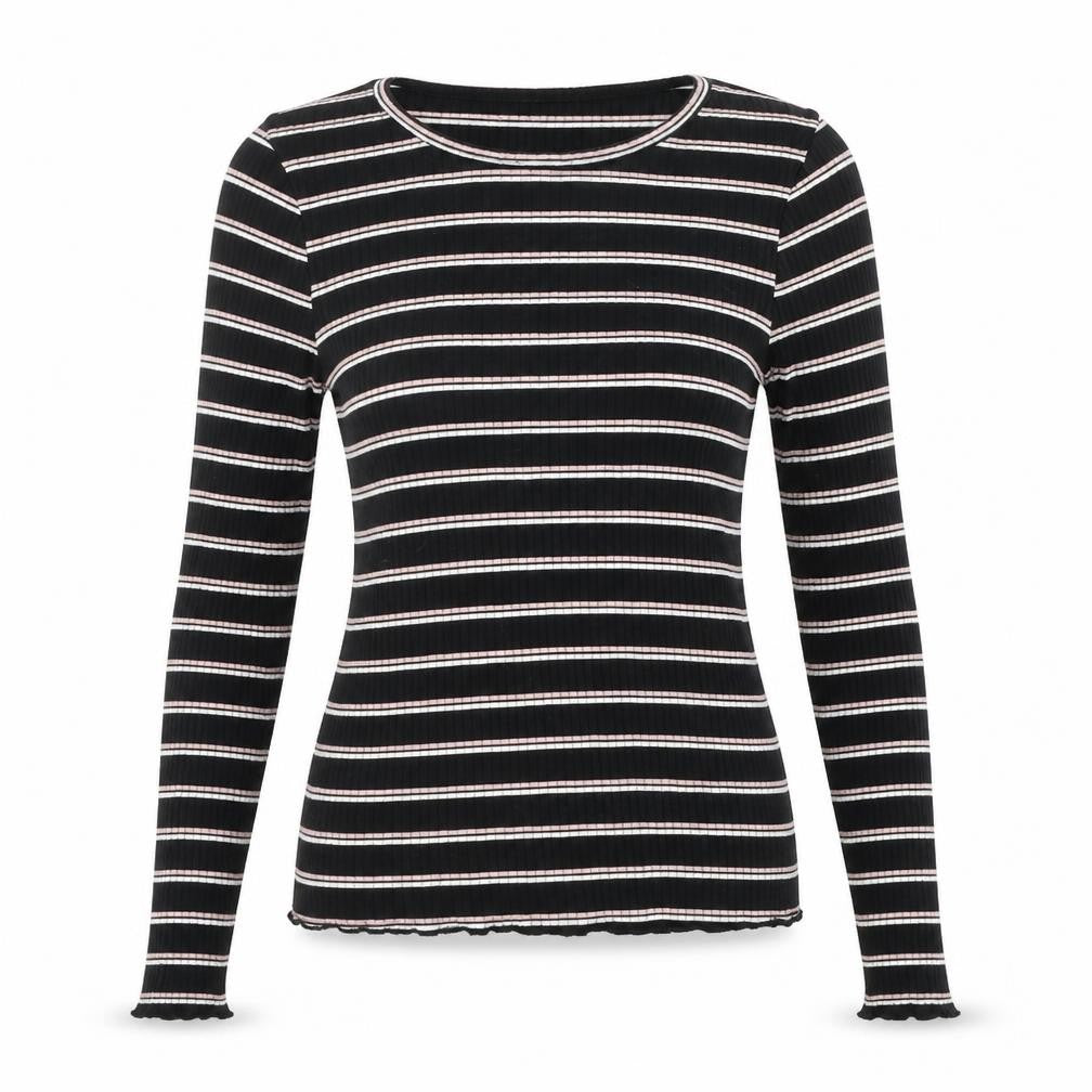 Front view of ASOS women’s black striped jumper, size UK 12