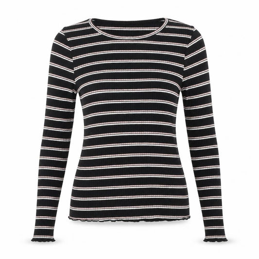 Front view of ASOS women’s black striped jumper, size UK 12