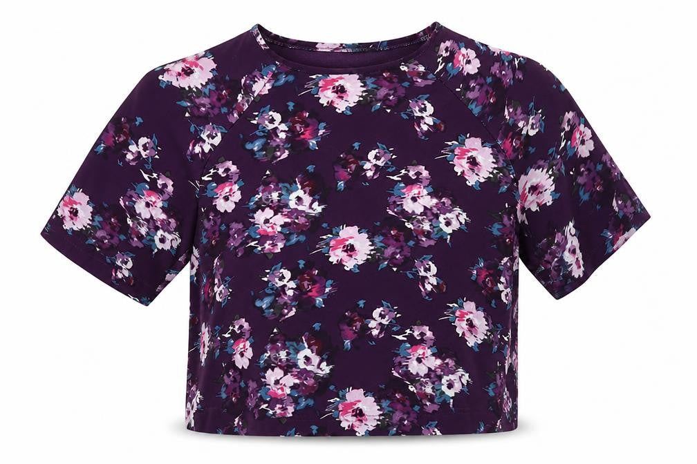 Front view of New Look women’s purple floral cropped blouse, size UK 14