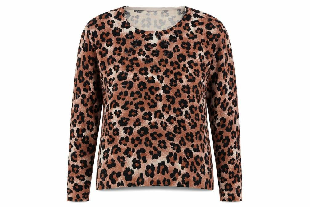 Front view of Preworn women’s brown animal print knit jumper, size L