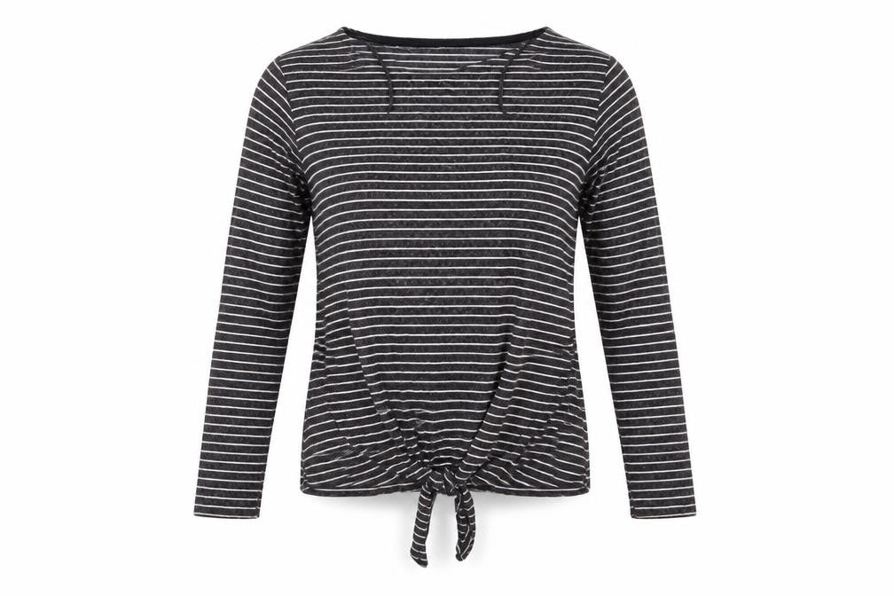 Front view of Tu women’s grey striped knit jumper, size UK 8