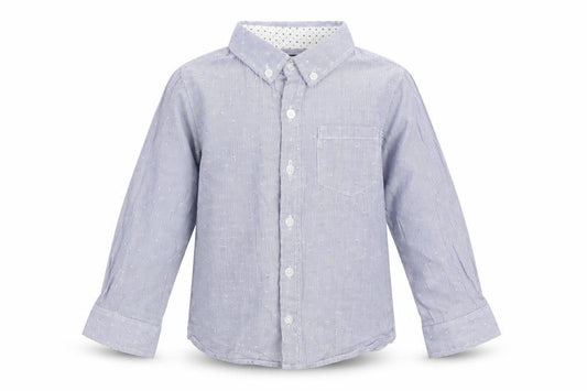 Front view of Mothercare boys’ blue striped basic button-up, size 2-3, years