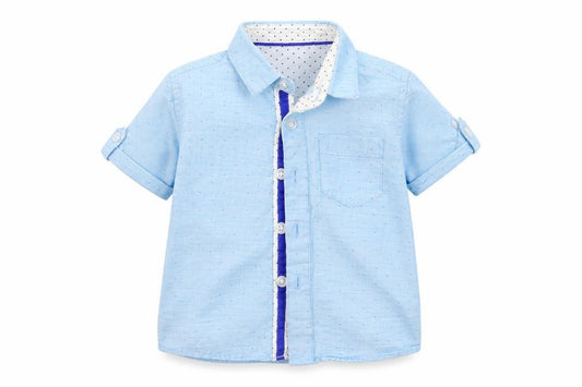 Front view of Lola & Maverick Baby Blue Basic Button-Up, size 12-18, Months