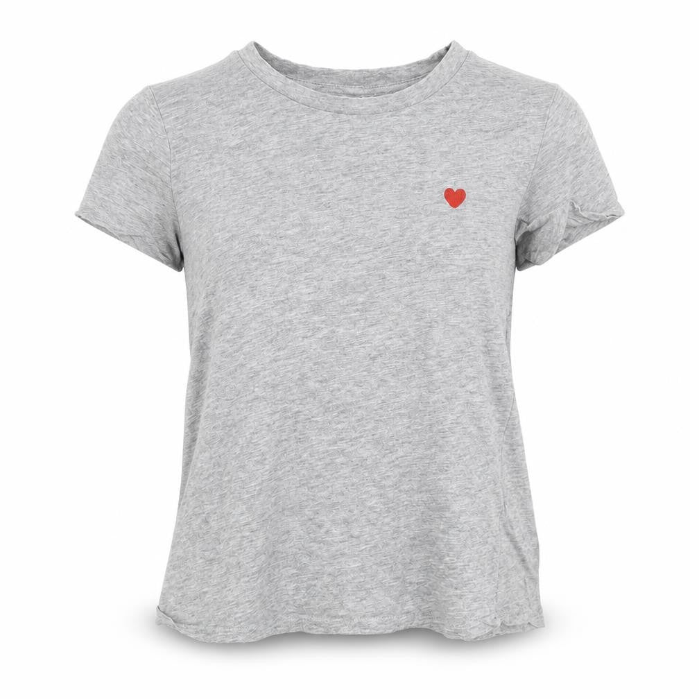 Front view of H&M women’s grey basic t-shirt, size XS, - heart