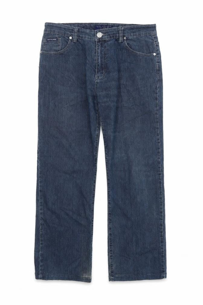 Front view of wejfa euro men’s blue straight jeans, size 32, 27-inch leg
