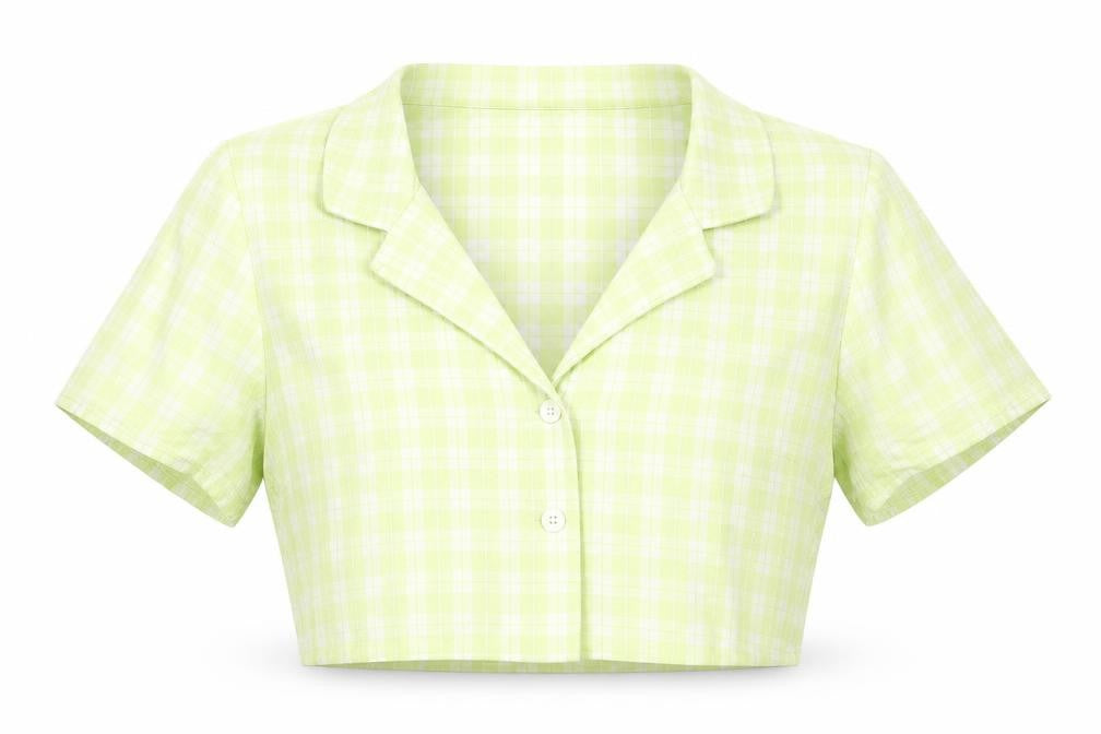 Front view of H&M women’s green check cropped button-up, size S