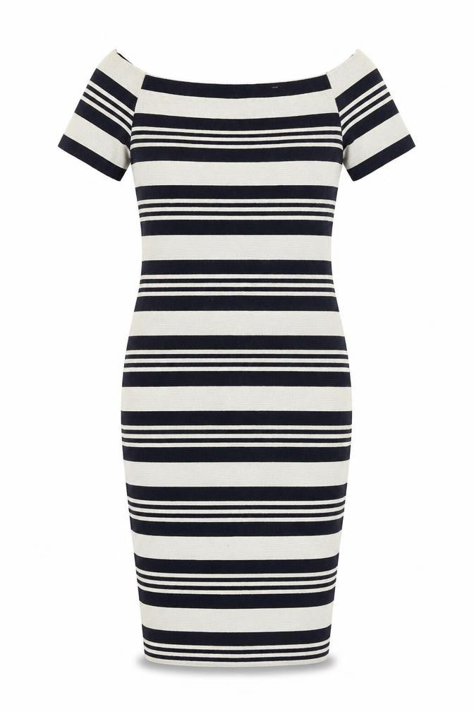 Front view of Topshop women’s multicoloured striped pencil dress, size UK 8