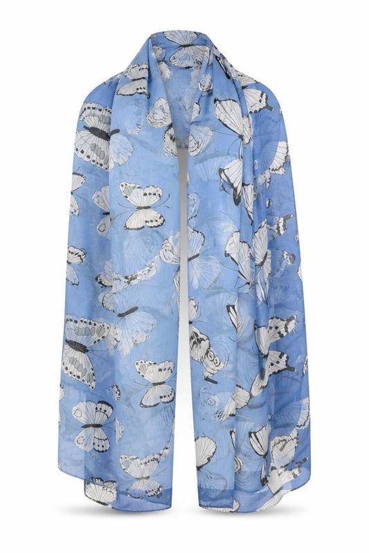 Front view of Lisa Angel women’s blue animal print shawl/wrap - butterflies print