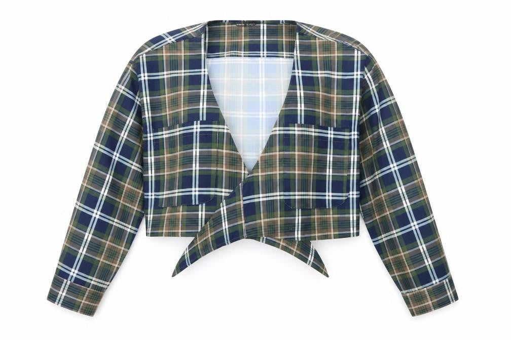 Front view of SHEIN women’s multicoloured plaid wrap blouse, size S