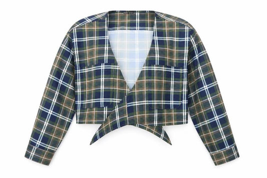 Front view of SHEIN women’s multicoloured plaid wrap blouse, size S