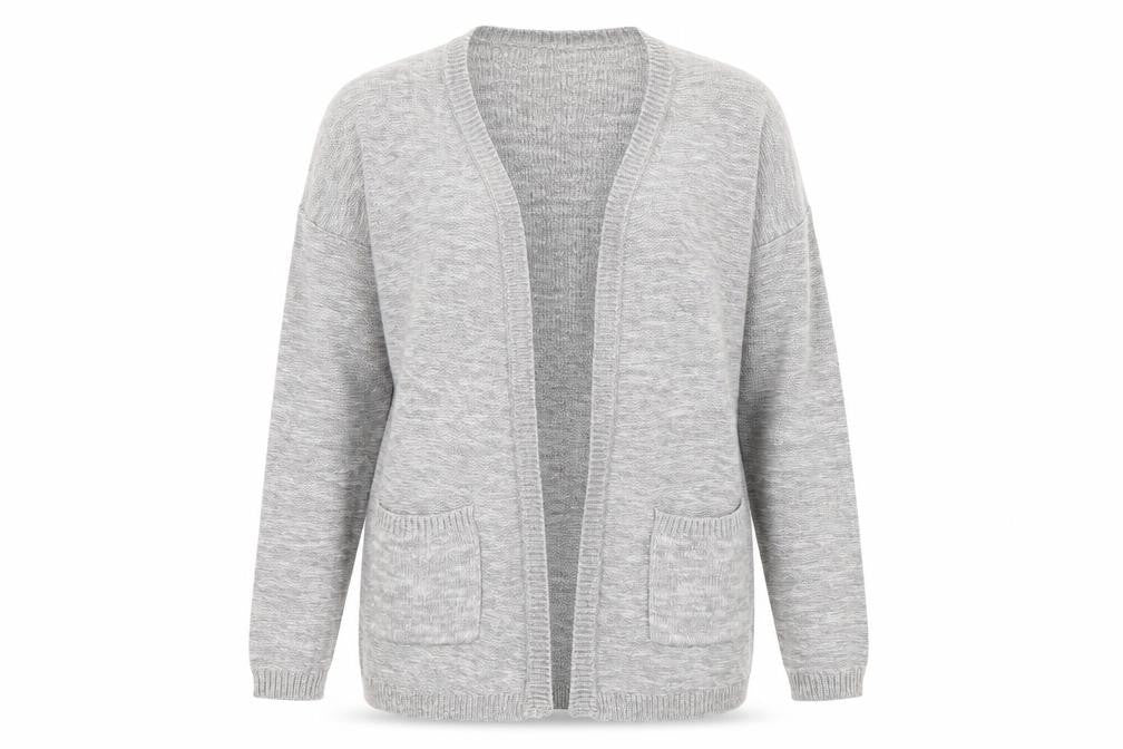 Front view of Max Studio women’s grey cardigan jumper, size M